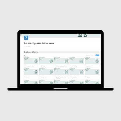 Notion Operations Manual template shown on a laptop, featuring the Business Systems & Processes section with organized employee relations templates for onboarding, meetings, communications, and pay management in small businesses.
