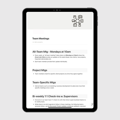 Tablet showing a Notion marketing agency operations manual outlining team meeting structures including weekly all-hands, project meetings, department meetings, and bi-weekly supervisor check-ins.