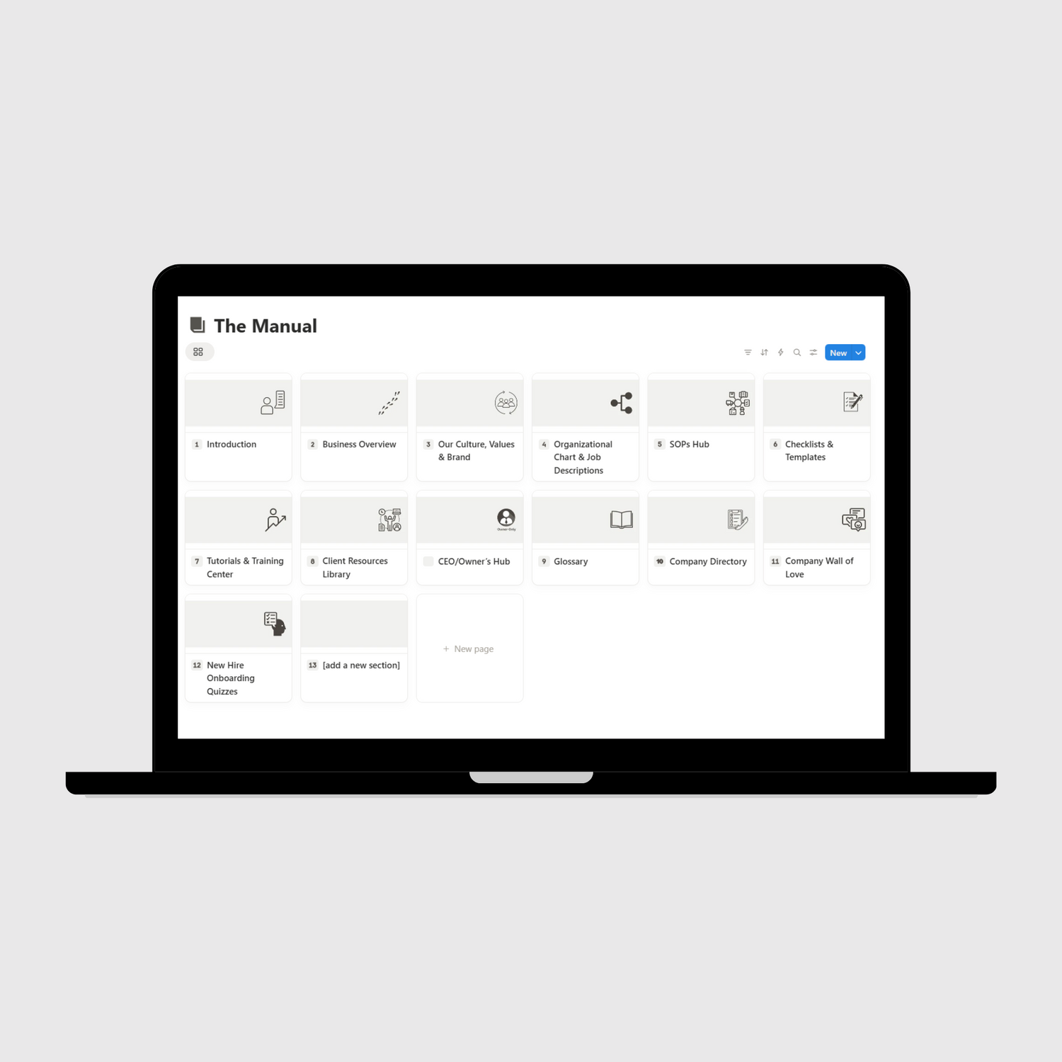 Tablet displaying “The Manual” section of a Digital Marketing Agency Operations Manual Notion template with sections for company history, culture and values, job descriptions, emergency procedures, and business systems.
