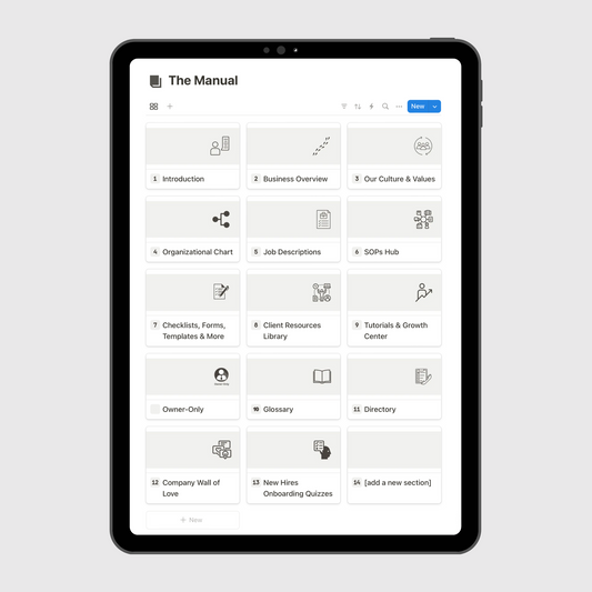Tablet displaying “The Manual” section of a Coaching Business Operations Manual Notion template with sections for company history, culture and values, job descriptions, emergency procedures, and business systems.