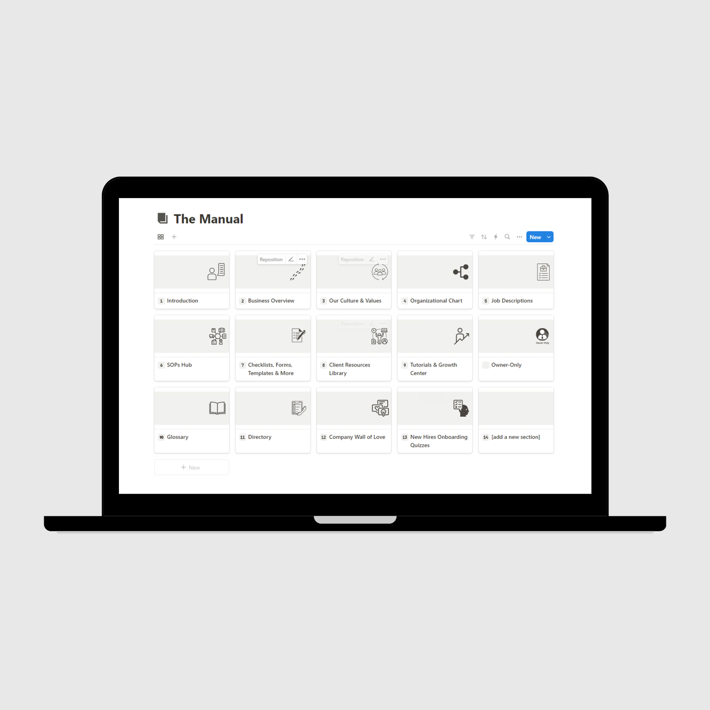 Laptop displaying “The Manual” section of a Coaching Business Operations Manual Notion template with sections for company history, culture and values, job descriptions, emergency procedures, and business systems.