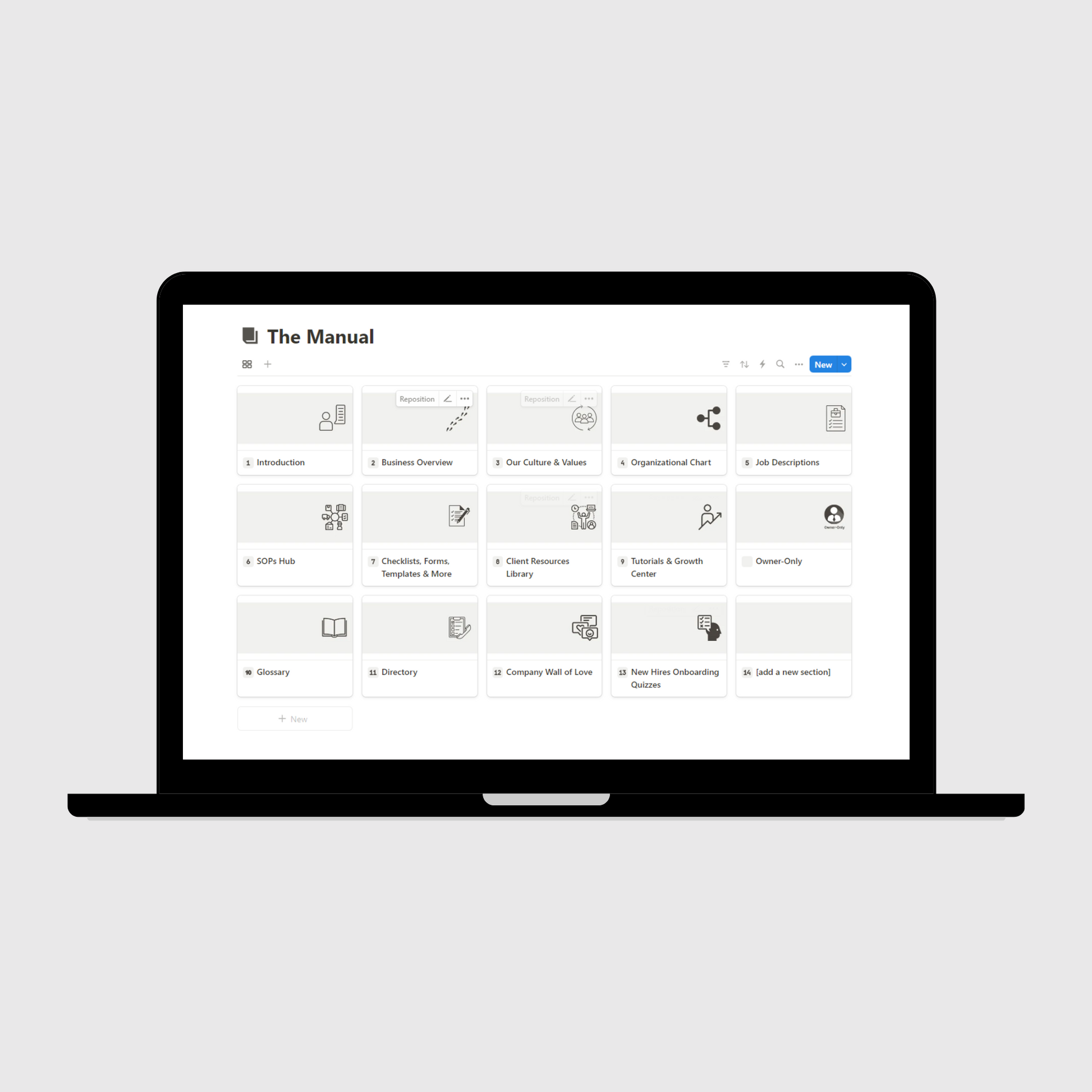 Laptop displaying “The Manual” section of a Coaching Business Operations Manual Notion template with sections for company history, culture and values, job descriptions, emergency procedures, and business systems.
