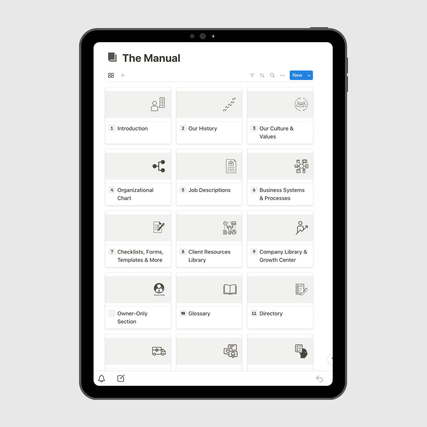 Tablet displaying “The Manual” section of a Consulting Firm Business Operations Manual Notion template with sections for company history, culture and values, job descriptions, emergency procedures, and business systems.