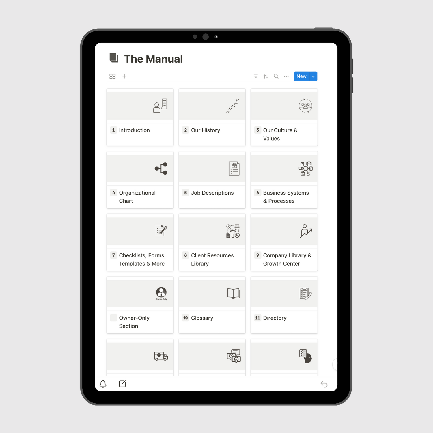 Tablet displaying “The Manual” section of a Consulting Firm Business Operations Manual Notion template with sections for company history, culture and values, job descriptions, emergency procedures, and business systems.