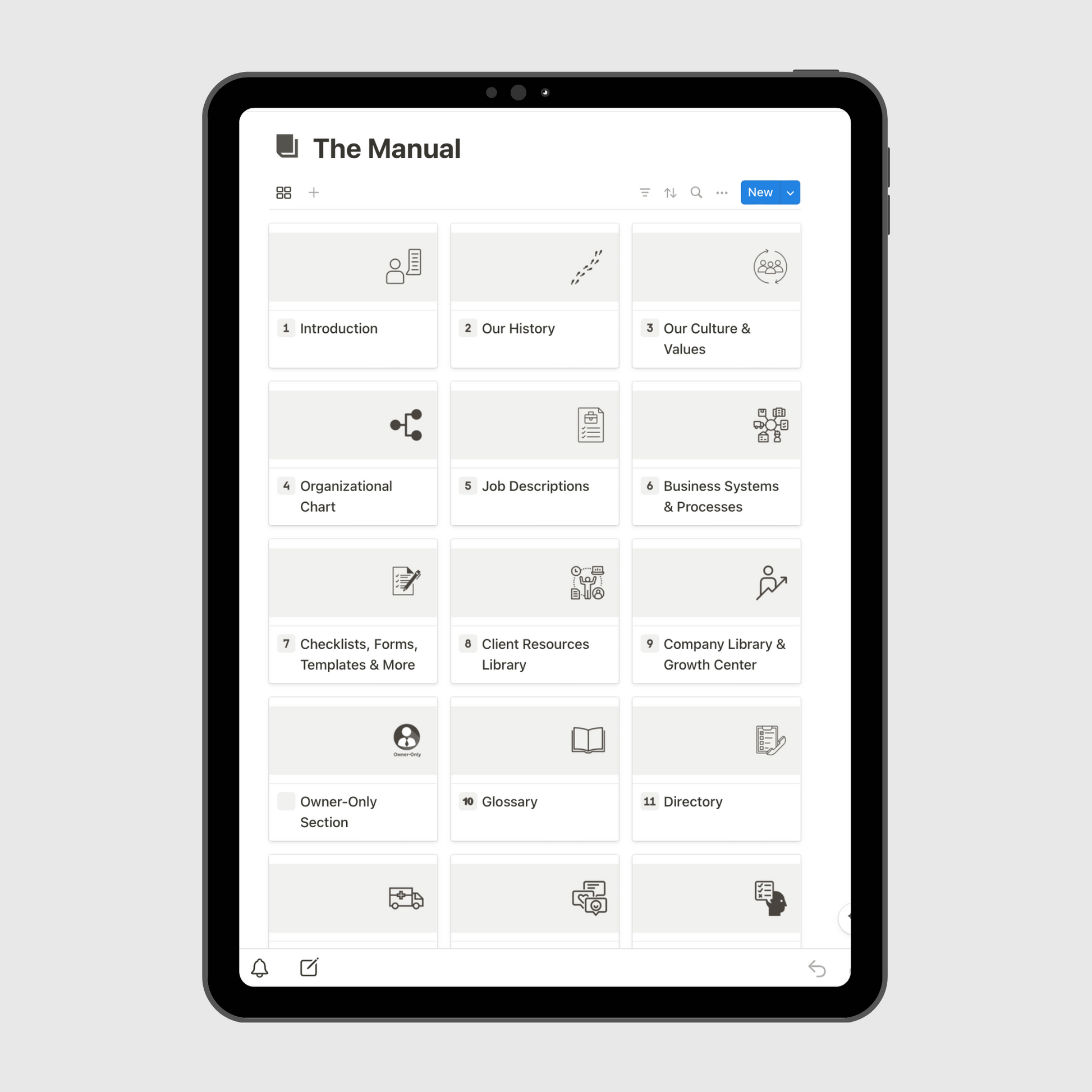 Tablet displaying “The Manual” section of a Consulting Firm Business Operations Manual Notion template with sections for company history, culture and values, job descriptions, emergency procedures, and business systems.