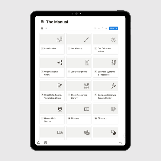Tablet displaying “The Manual” section of a Consulting Firm Business Operations Manual Notion template with sections for company history, culture and values, job descriptions, emergency procedures, and business systems.
