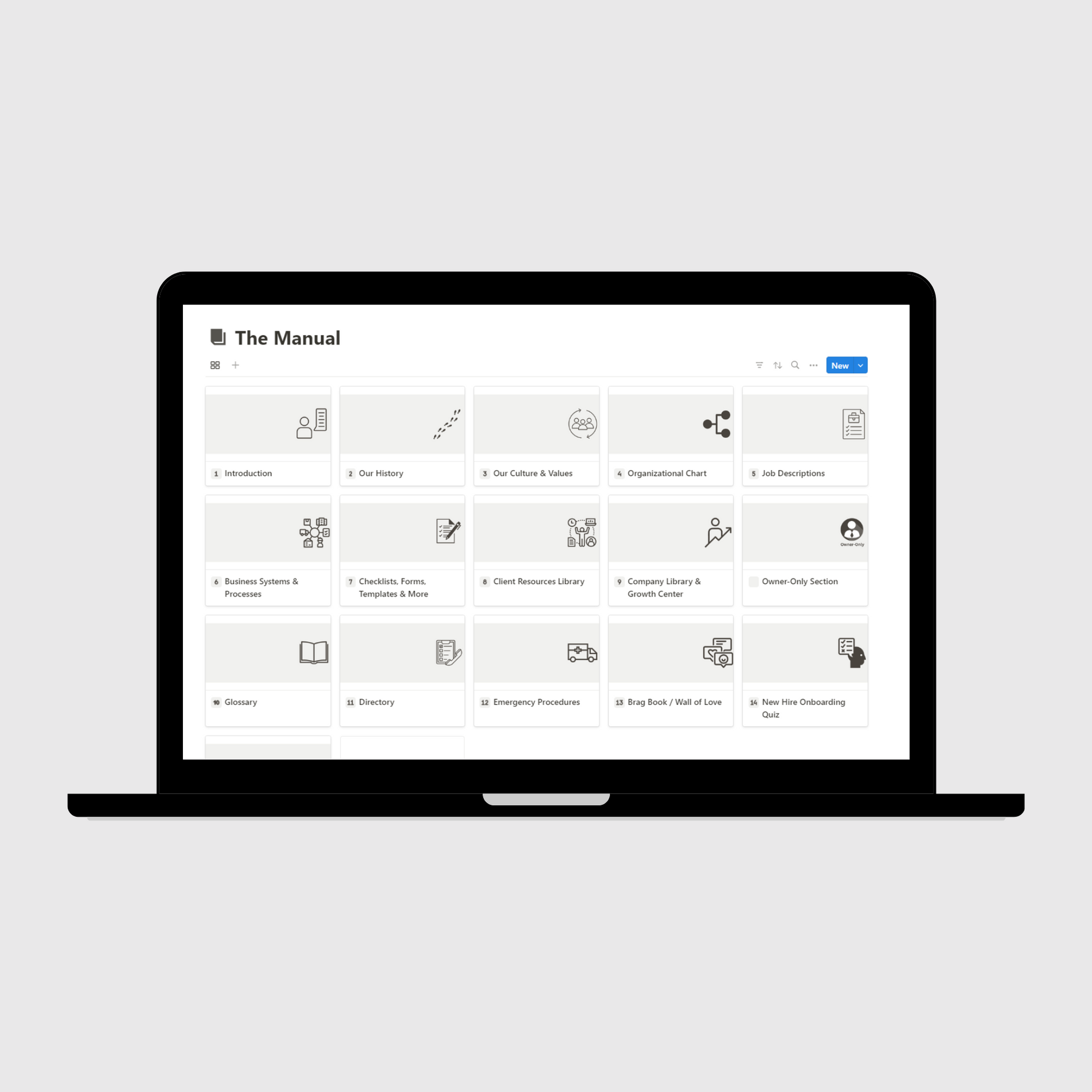 Laptop displaying “The Manual” section of a Consulting Firm Business Operations Manual Notion template with sections for company history, culture and values, job descriptions, emergency procedures, and business systems.