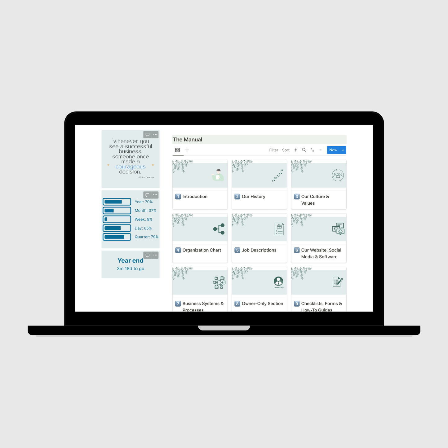 Notion Operations Manual template for small businesses shown on a laptop, featuring organized sections for company systems and team information, with a sidebar displaying motivational quotes and productivity progress trackers.