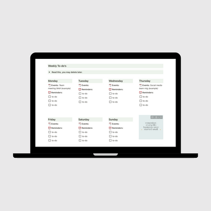 Laptop screen displaying a Notion weekly to-do checklist template from an Operations Manual, showing a seven-day layout with sections for events, reminders, and to-do items from Monday through Sunday.