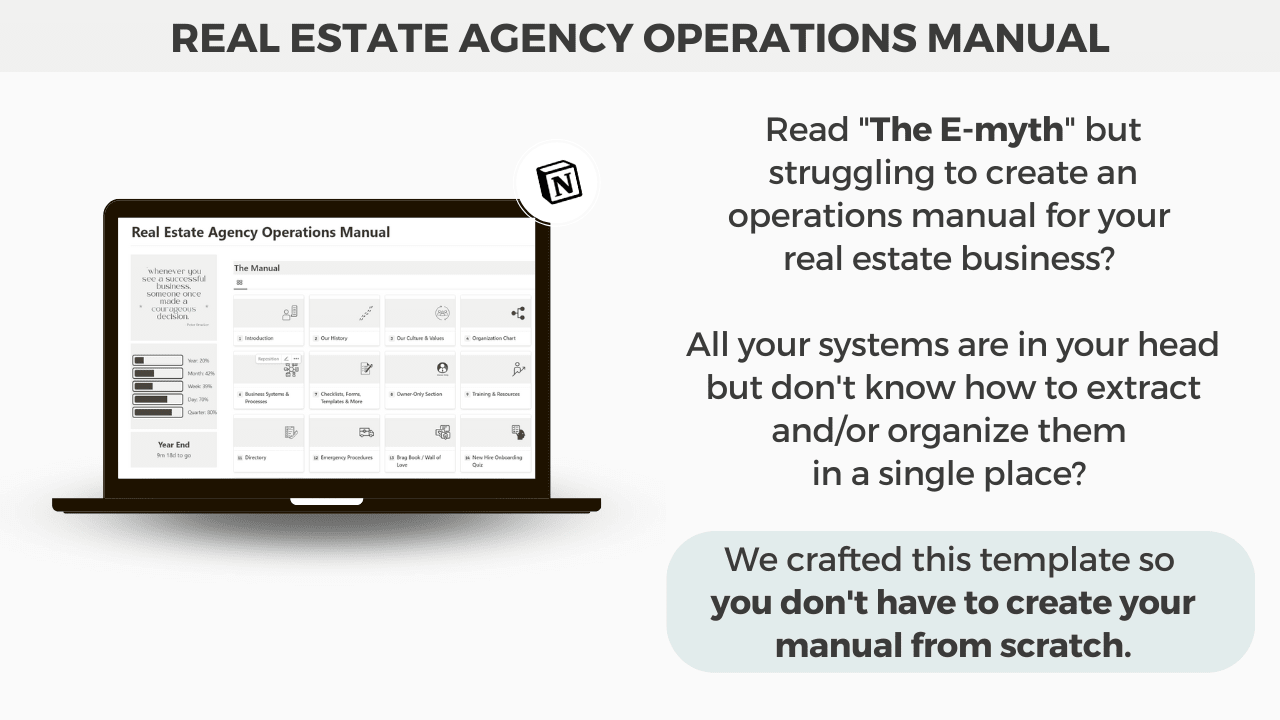 Real Estate Agency Operations Manual Notion template promotional image showing a laptop with the digital manual open, highlighting how real estate professionals can organize their business systems and procedures using a ready-made Notion template.