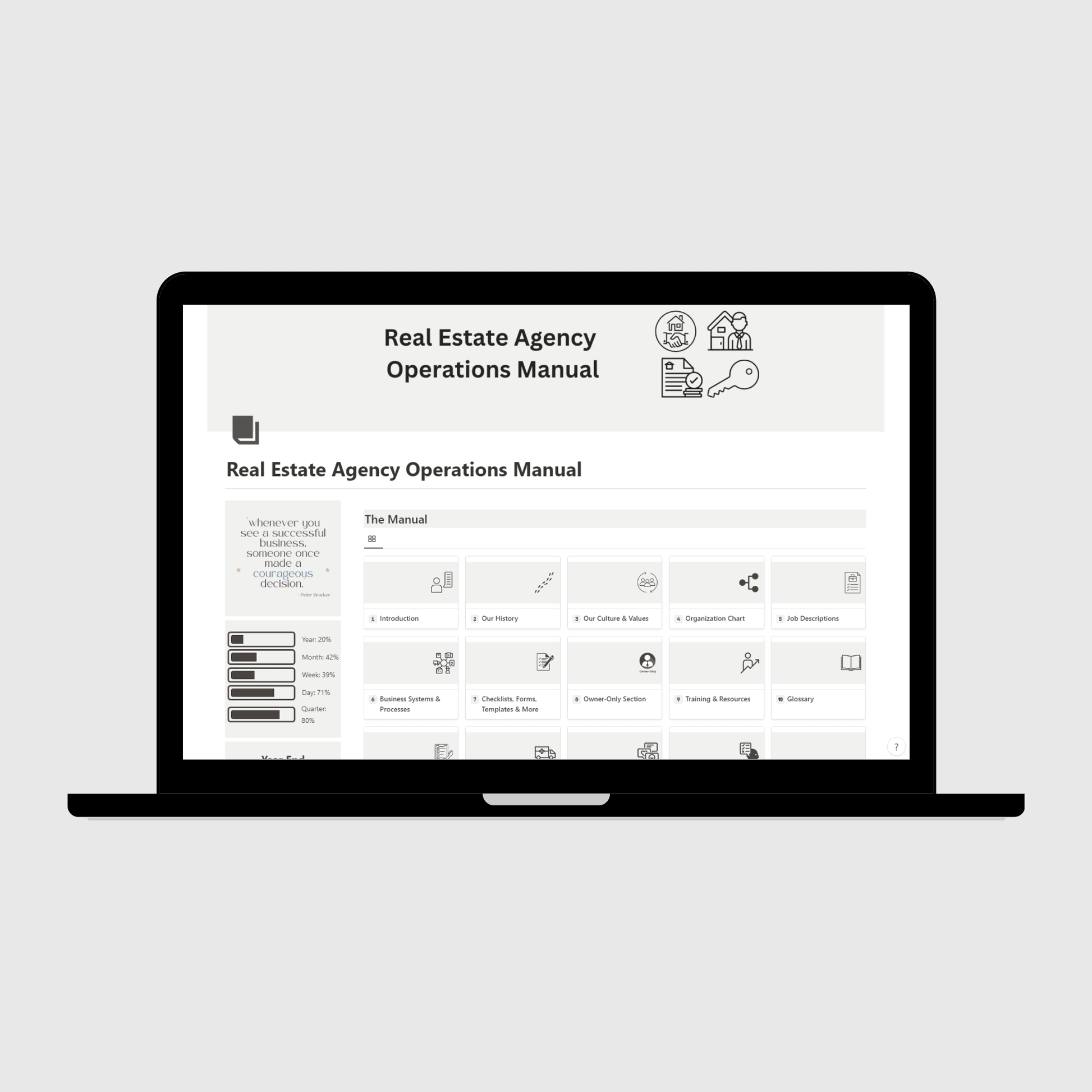 Notion Operations Manual template for small businesses shown on a laptop, featuring organized sections for company systems and team information, with a sidebar displaying motivational quotes and productivity progress trackers.
