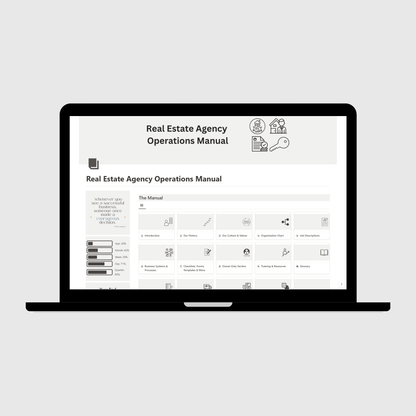 Notion Operations Manual template for small businesses shown on a laptop, featuring organized sections for company systems and team information, with a sidebar displaying motivational quotes and productivity progress trackers.
