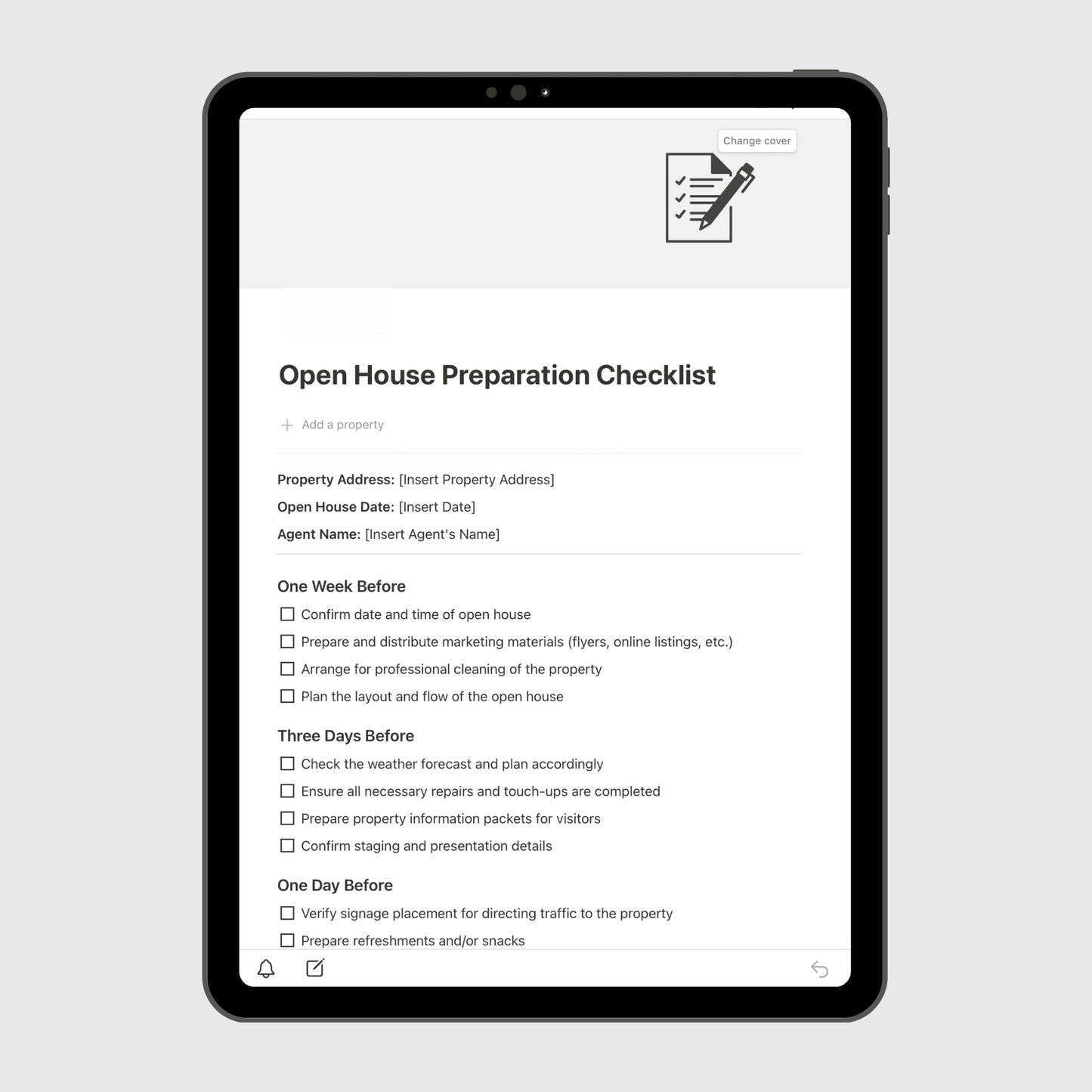 Notion Real Estate Operations Manual template shown on a tablet, featuring an Open House Preparation Checklist with timelines and task lists to help real estate agents plan successful property viewings.