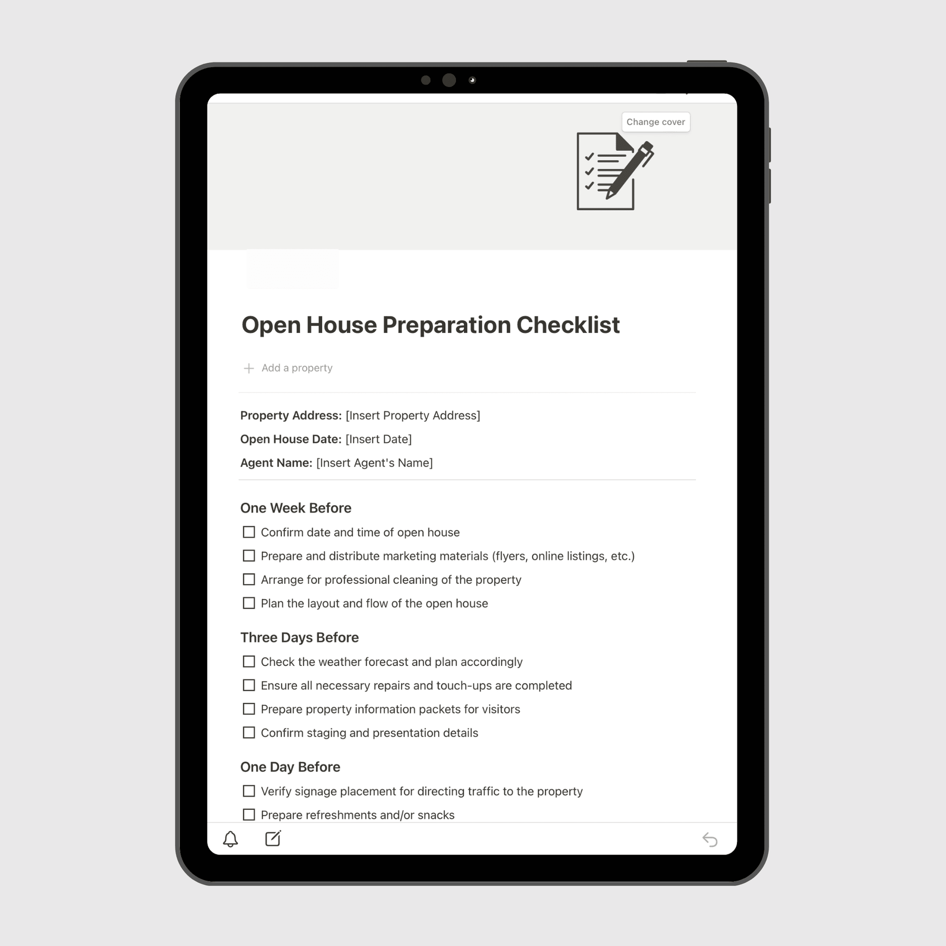 Notion Real Estate Operations Manual template shown on a tablet, featuring an Open House Preparation Checklist with timelines and task lists to help real estate agents plan successful property viewings.