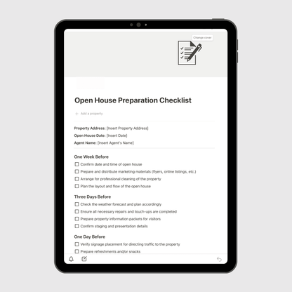 Notion Real Estate Operations Manual template shown on a tablet, featuring an Open House Preparation Checklist with timelines and task lists to help real estate agents plan successful property viewings.