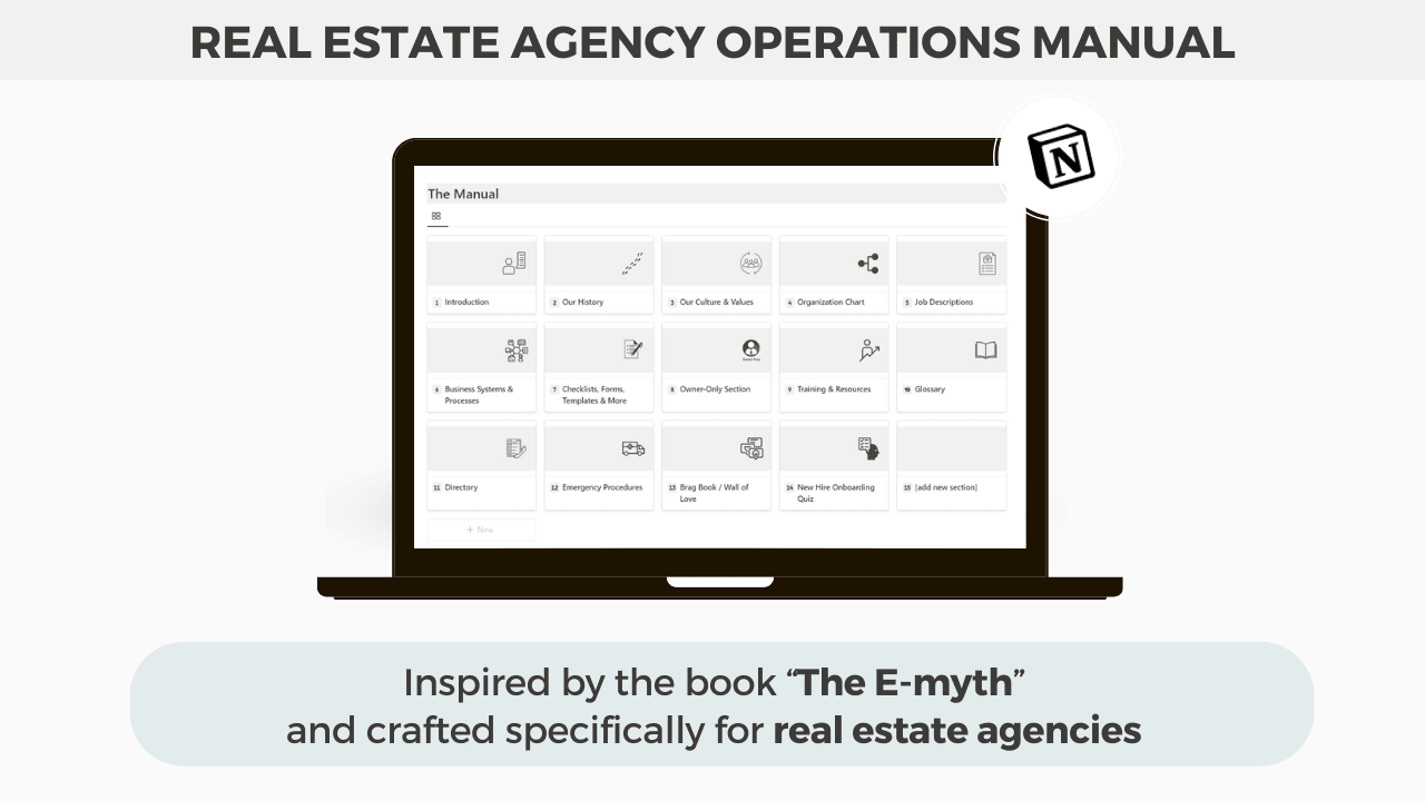 A Notion Real Estate Operations Manual template featured on a laptop with the manual section open, emphasizing its inspiration from “The E-Myth” and its design for real estate agencies to streamline operations and documentation.