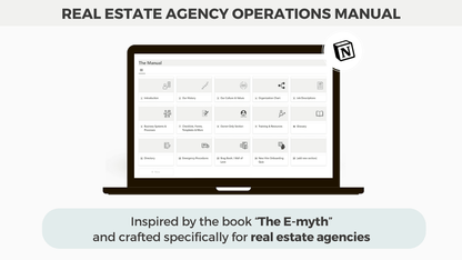 A Notion Real Estate Operations Manual template featured on a laptop with the manual section open, emphasizing its inspiration from “The E-Myth” and its design for real estate agencies to streamline operations and documentation.