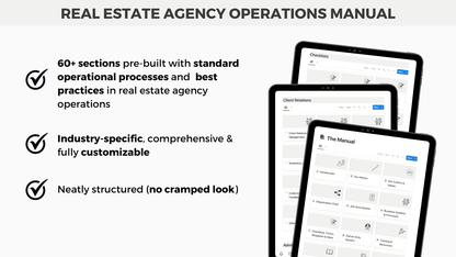 Notion Real Estate Operations Manual promotional image highlighting over 60 pre-built sections with best practices, industry-specific workflows, and fully customizable templates for real estate agencies.