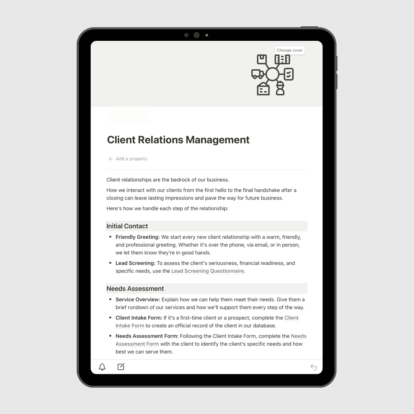 Notion Real Estate Operations Manual template displayed on a tablet, showing the Client Relations Management section with detailed steps for client communication, intake, and relationship-building processes for real estate professionals.