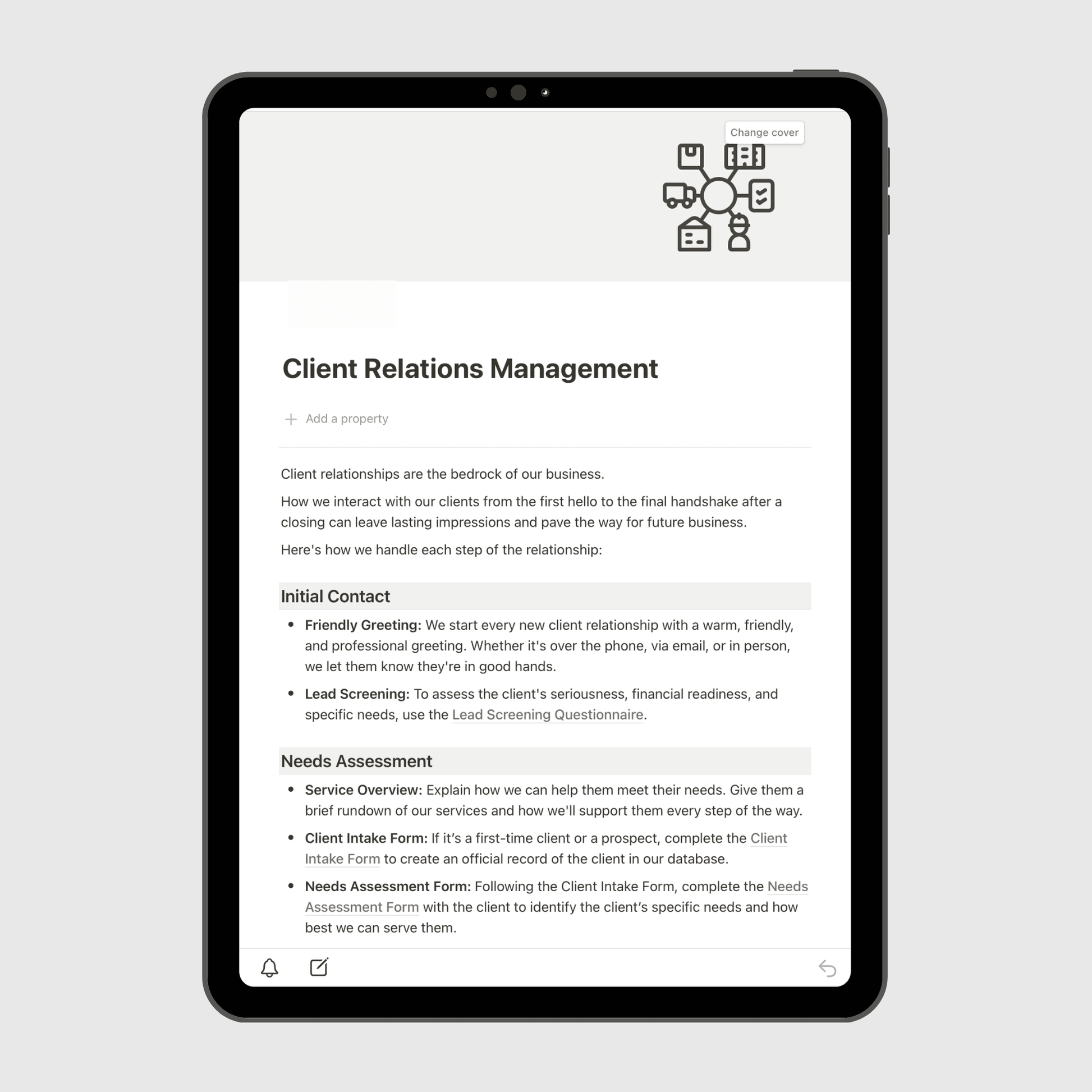 Notion Real Estate Operations Manual template displayed on a tablet, showing the Client Relations Management section with detailed steps for client communication, intake, and relationship-building processes for real estate professionals.