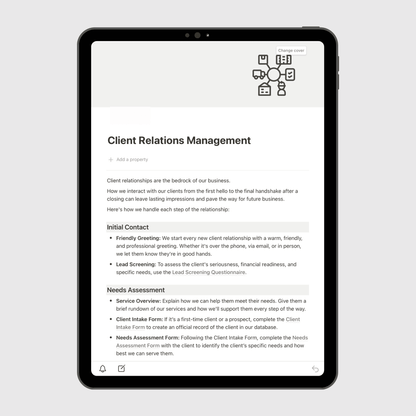Notion Real Estate Operations Manual template displayed on a tablet, showing the Client Relations Management section with detailed steps for client communication, intake, and relationship-building processes for real estate professionals.