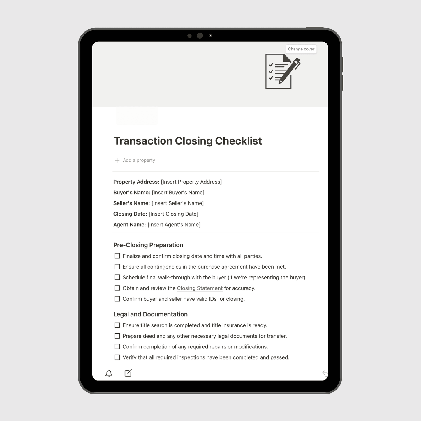 Notion Real Estate Operations Manual template displayed on a tablet, highlighting a Transaction Closing Checklist with pre-closing, legal, and documentation steps for managing real estate transactions efficiently.