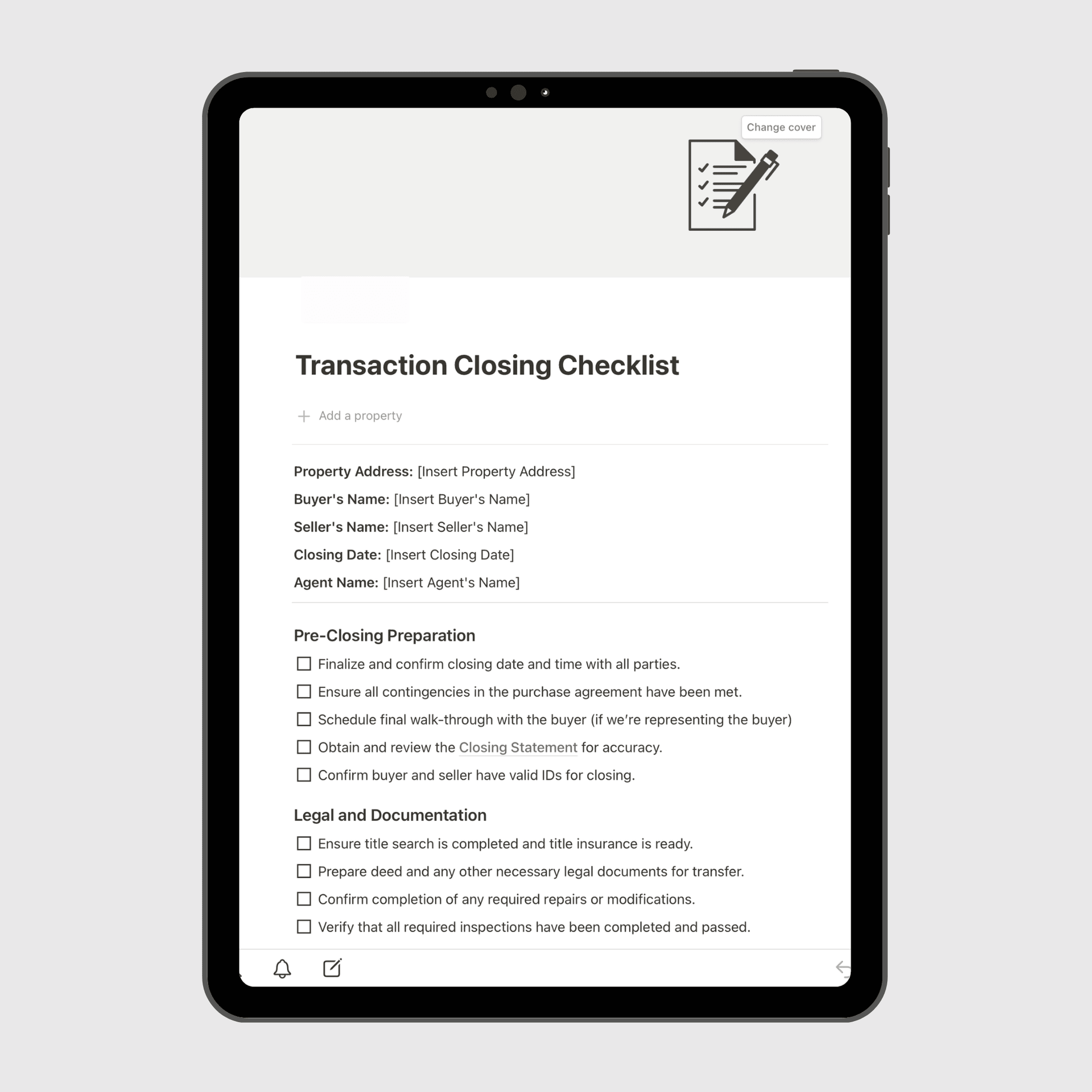 Notion Real Estate Operations Manual template displayed on a tablet, highlighting a Transaction Closing Checklist with pre-closing, legal, and documentation steps for managing real estate transactions efficiently.