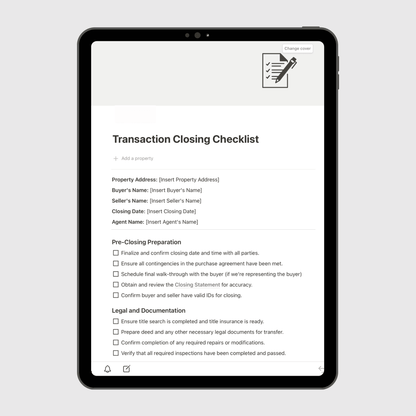 Notion Real Estate Operations Manual template displayed on a tablet, highlighting a Transaction Closing Checklist with pre-closing, legal, and documentation steps for managing real estate transactions efficiently.