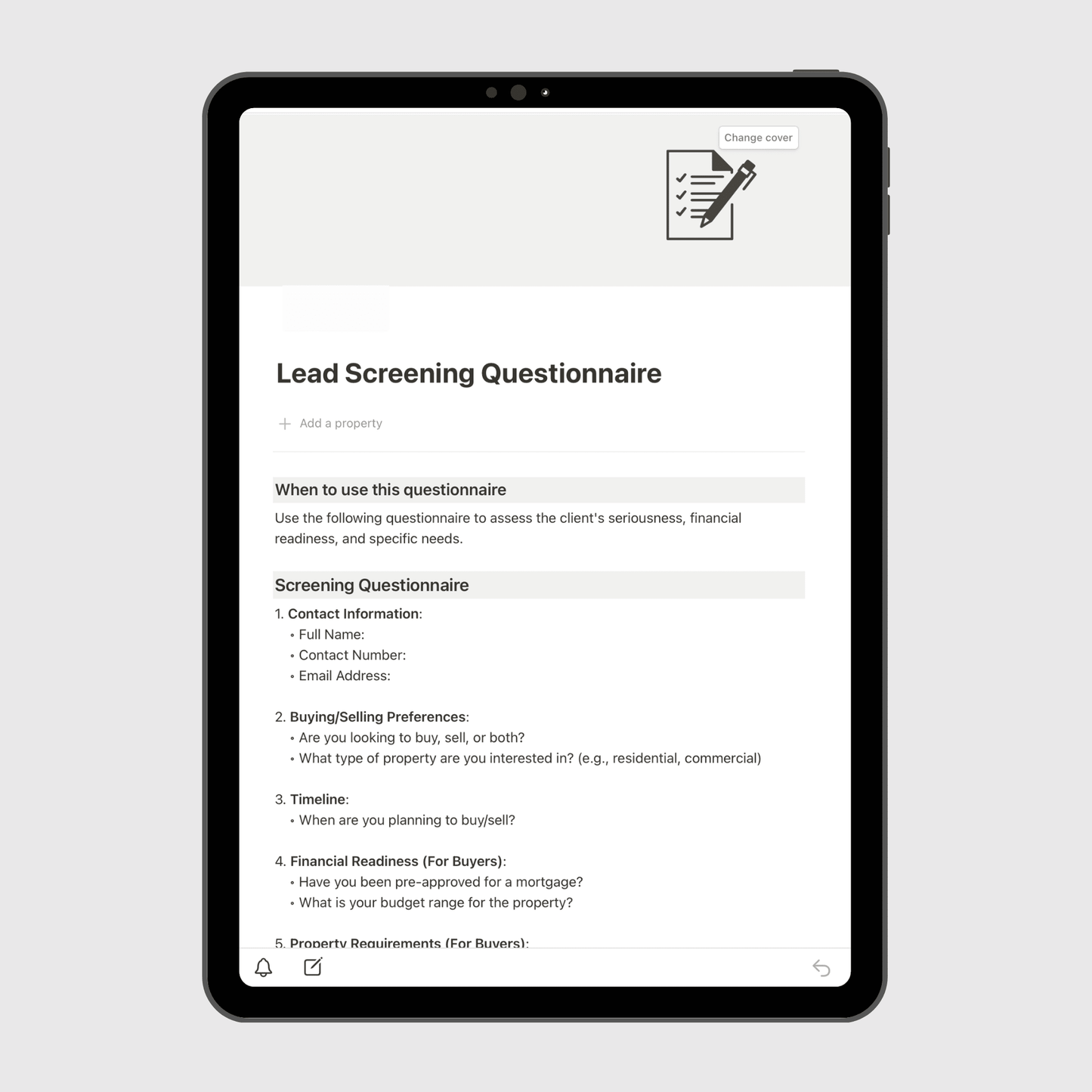Notion Real Estate Operations Manual template shown on a tablet, featuring a Lead Screening Questionnaire for evaluating client readiness, financial qualifications, and property preferences in real estate businesses.