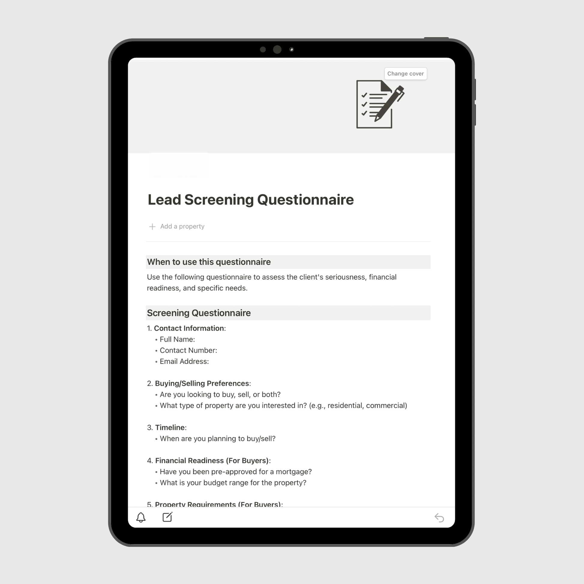 Notion Real Estate Operations Manual template shown on a tablet, featuring a Lead Screening Questionnaire for evaluating client readiness, financial qualifications, and property preferences in real estate businesses.