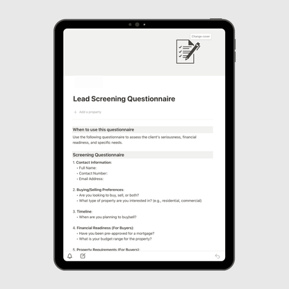 Notion Real Estate Operations Manual template shown on a tablet, featuring a Lead Screening Questionnaire for evaluating client readiness, financial qualifications, and property preferences in real estate businesses.