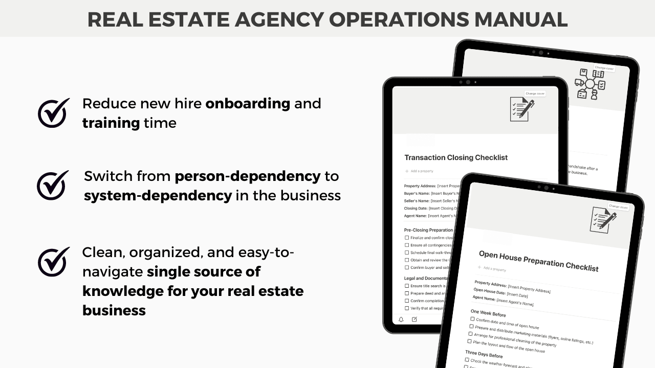 Marketing image for the Notion Real Estate Agency Operations Manual template, showcasing its benefits such as faster onboarding, team training, and converting person-dependent processes into system-dependent workflows.
