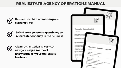 Marketing image for the Notion Real Estate Agency Operations Manual template, showcasing its benefits such as faster onboarding, team training, and converting person-dependent processes into system-dependent workflows.