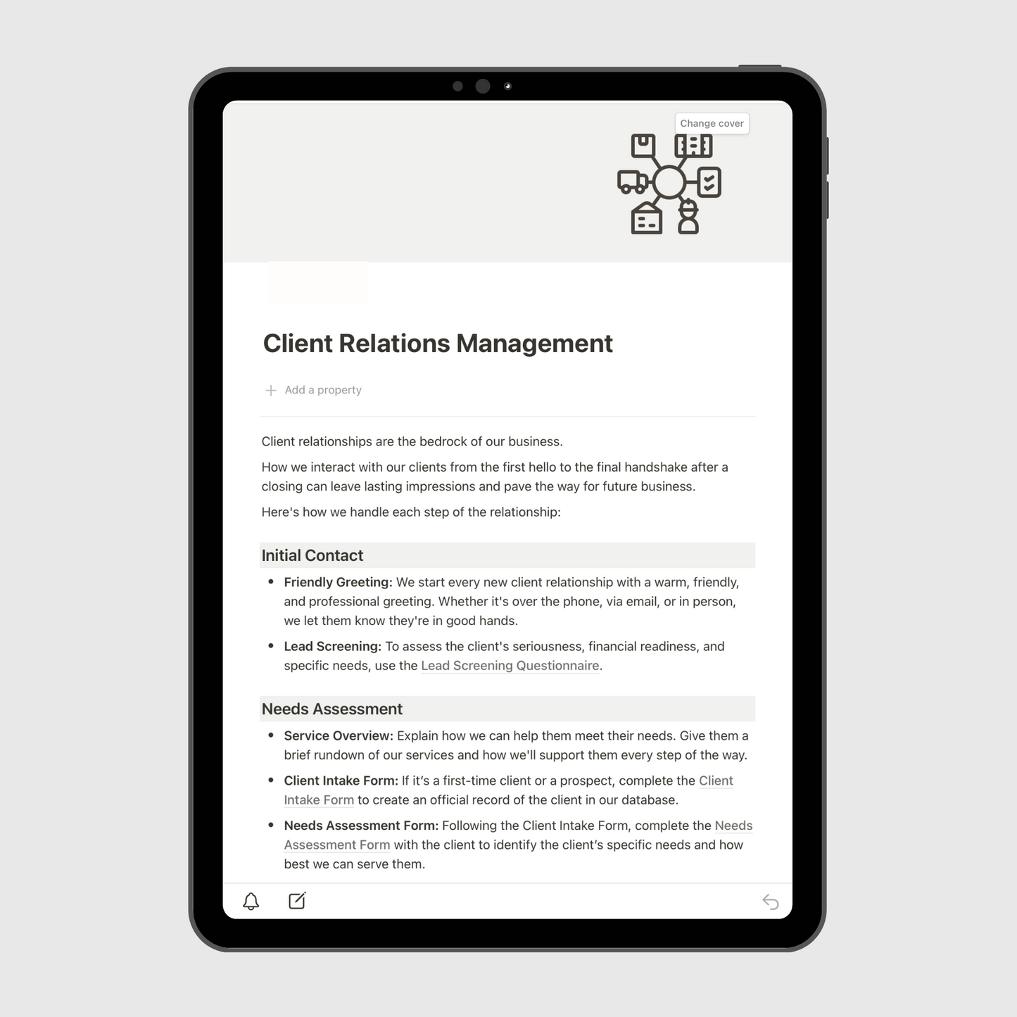 Notion Real Estate Operations Manual template displayed on a tablet, showing the Client Relations Management section with detailed steps for client communication, intake, and relationship-building processes for real estate professionals.