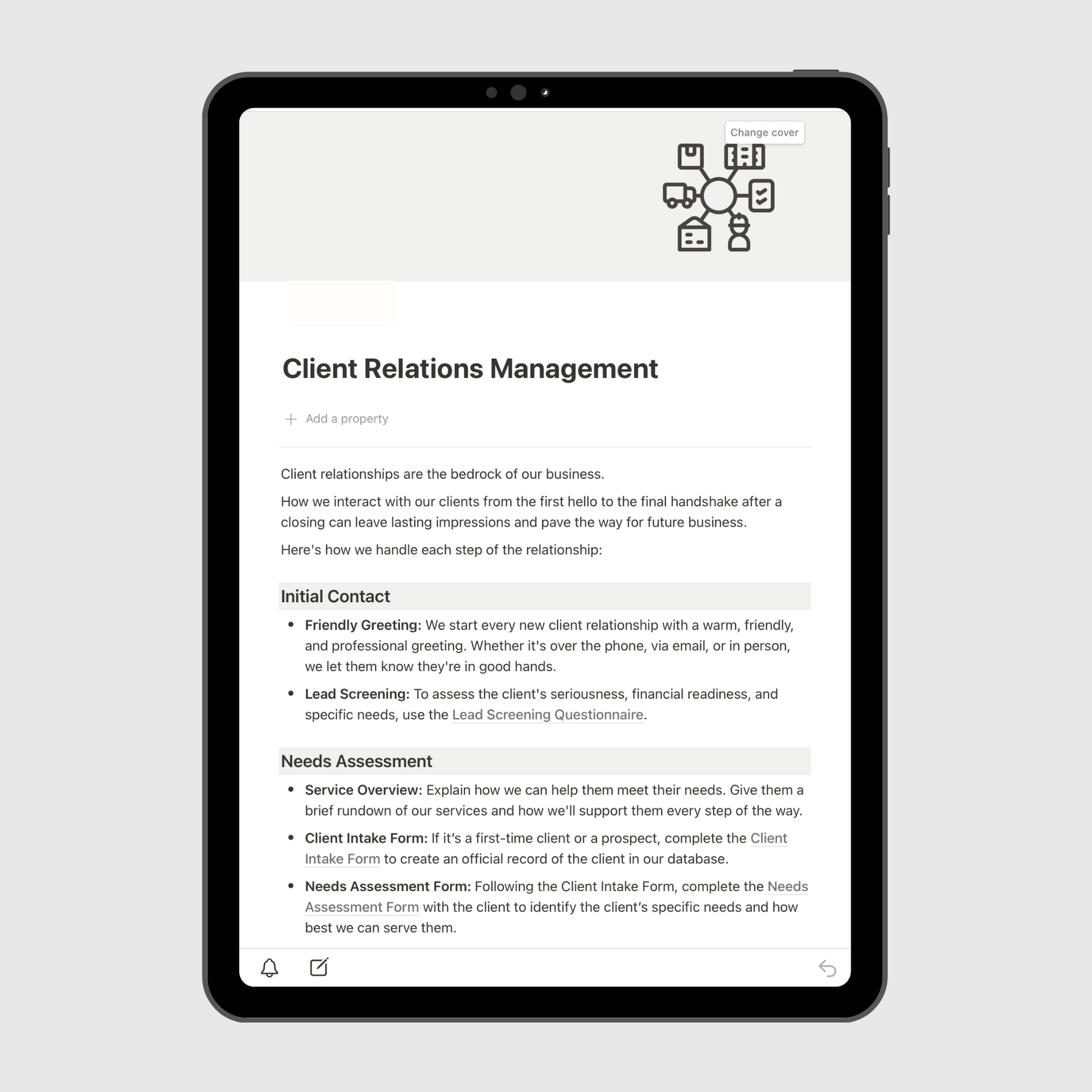 Notion Real Estate Operations Manual template displayed on a tablet, showing the Client Relations Management section with detailed steps for client communication, intake, and relationship-building processes for real estate professionals.