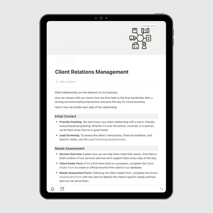 Notion Real Estate Operations Manual template displayed on a tablet, showing the Client Relations Management section with detailed steps for client communication, intake, and relationship-building processes for real estate professionals.