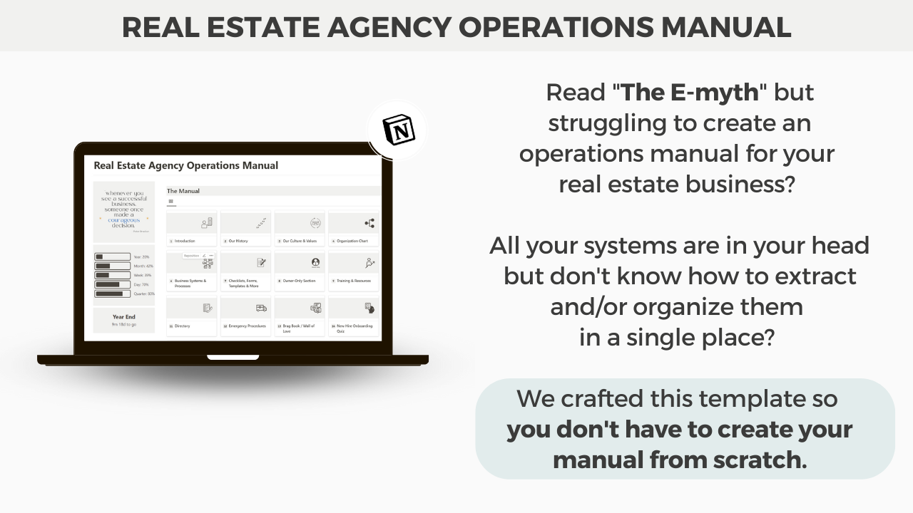 Real Estate Agency Operations Manual Notion template promotional image showing a laptop with the digital manual open, highlighting how real estate professionals can organize their business systems and procedures using a ready-made Notion template.