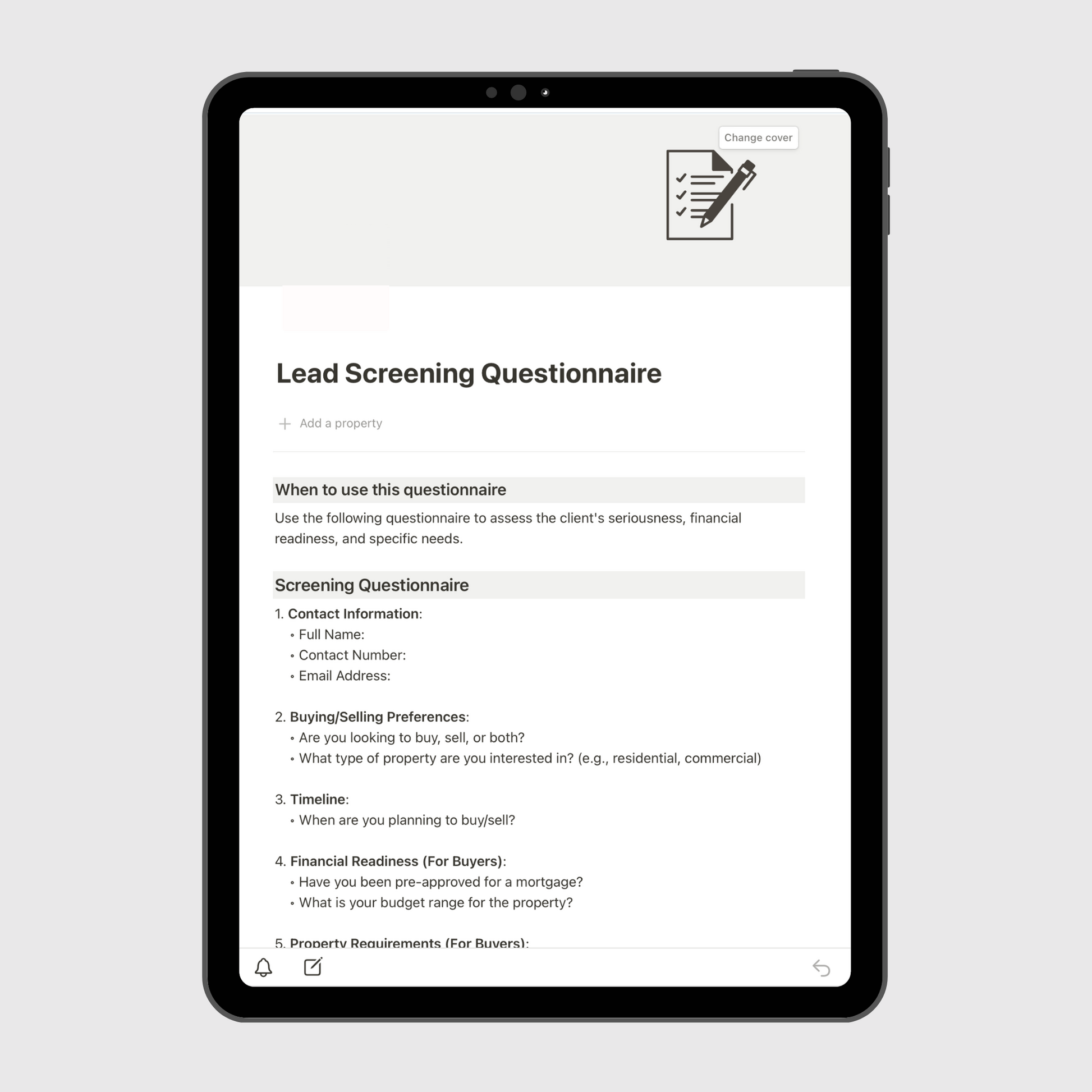 Notion Real Estate Operations Manual template shown on a tablet, featuring a Lead Screening Questionnaire for evaluating client readiness, financial qualifications, and property preferences in real estate businesses.