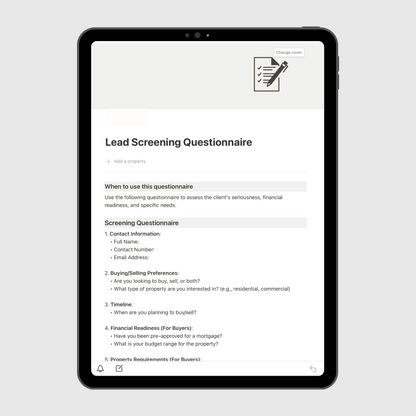 Notion Real Estate Operations Manual template shown on a tablet, featuring a Lead Screening Questionnaire for evaluating client readiness, financial qualifications, and property preferences in real estate businesses.
