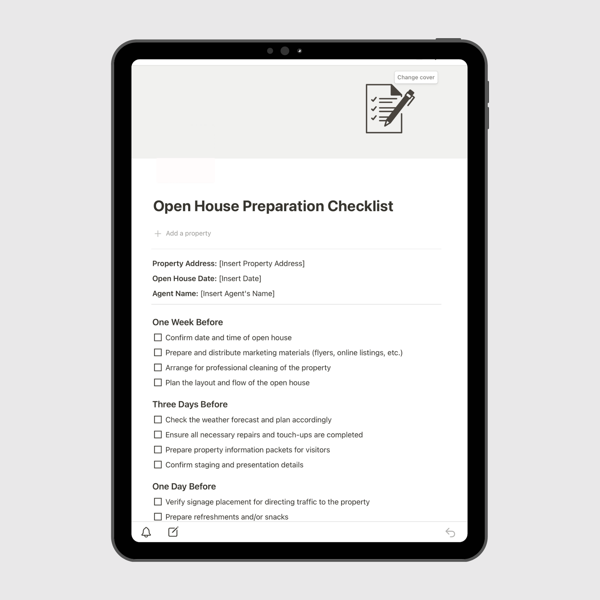 Notion Real Estate Operations Manual template shown on a tablet, featuring an Open House Preparation Checklist with timelines and task lists to help real estate agents plan successful property viewings.