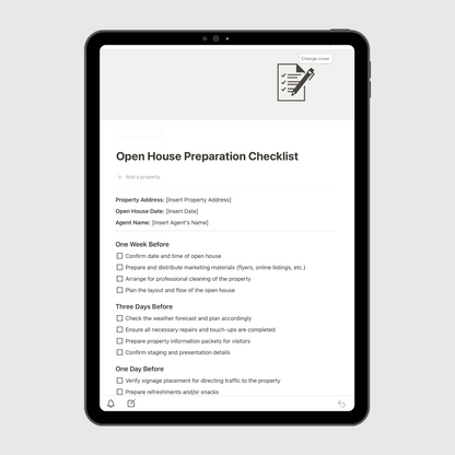Notion Real Estate Operations Manual template shown on a tablet, featuring an Open House Preparation Checklist with timelines and task lists to help real estate agents plan successful property viewings.