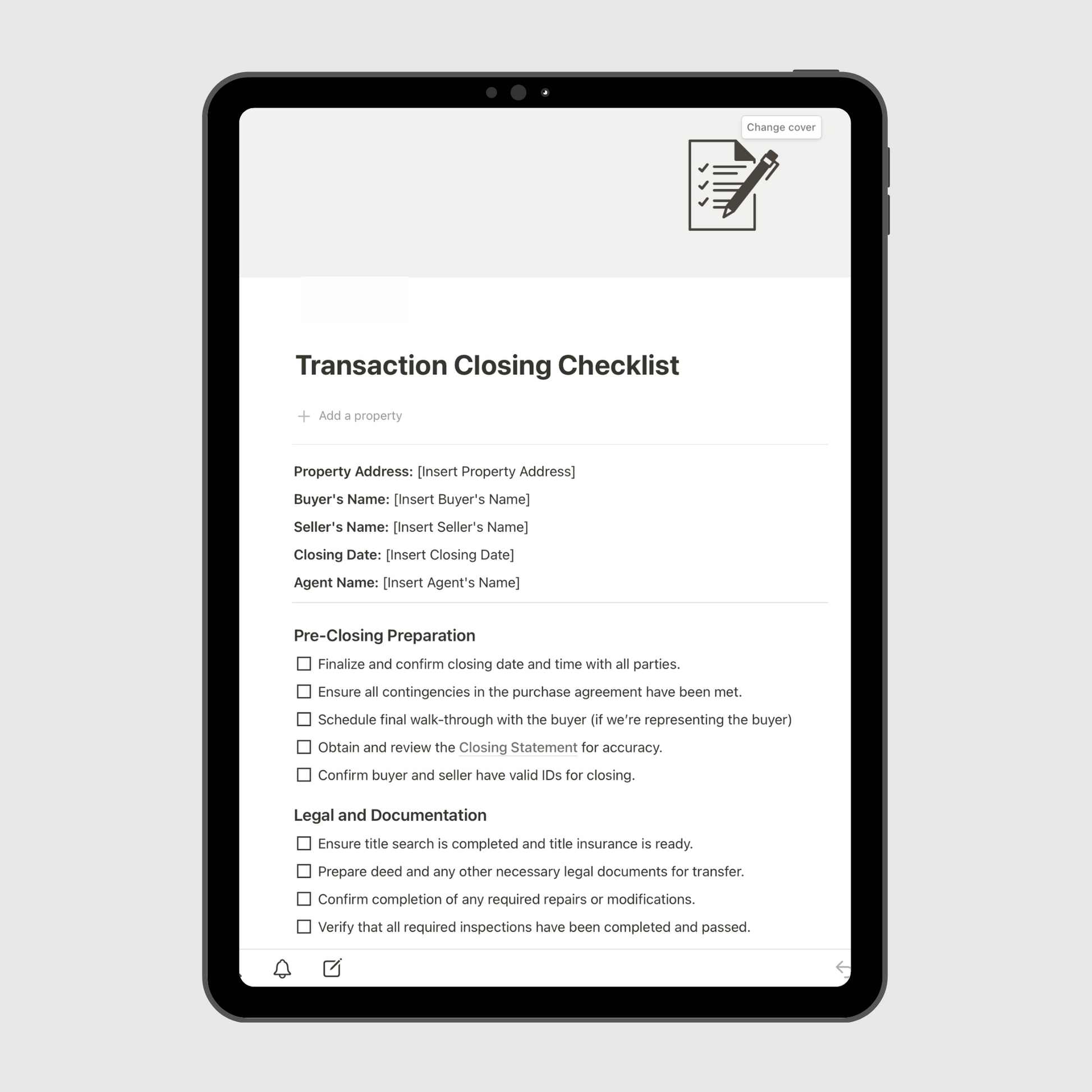 Notion Real Estate Operations Manual template displayed on a tablet, highlighting a Transaction Closing Checklist with pre-closing, legal, and documentation steps for managing real estate transactions efficiently.