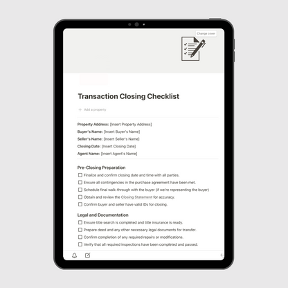 Notion Real Estate Operations Manual template displayed on a tablet, highlighting a Transaction Closing Checklist with pre-closing, legal, and documentation steps for managing real estate transactions efficiently.