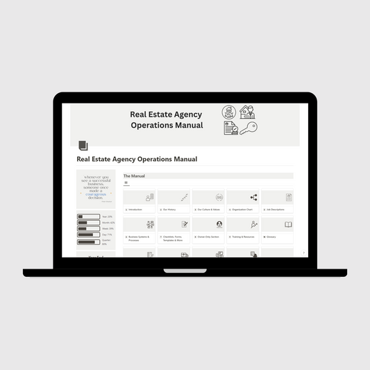 Notion Operations Manual template for small businesses shown on a laptop, featuring organized sections for company systems and team information, with a sidebar displaying motivational quotes and productivity progress trackers.
