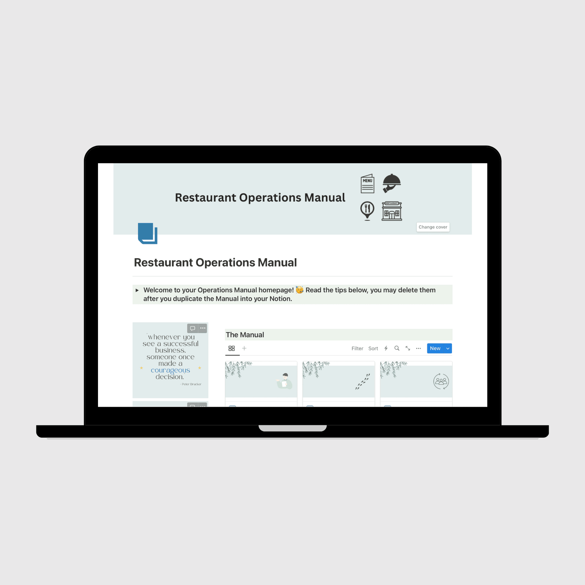 Laptop showing a Notion template titled “Restaurant Operations Manual,” with welcome instructions and an organized dashboard of sections covering processes, systems, and company policies for business management.