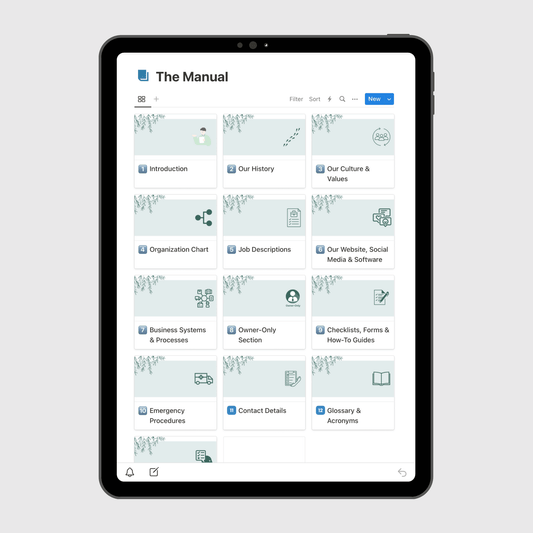 Tablet displaying “The Manual” section of a Small Business Operations Manual Notion template with sections for company history, culture and values, job descriptions, emergency procedures, and business systems.