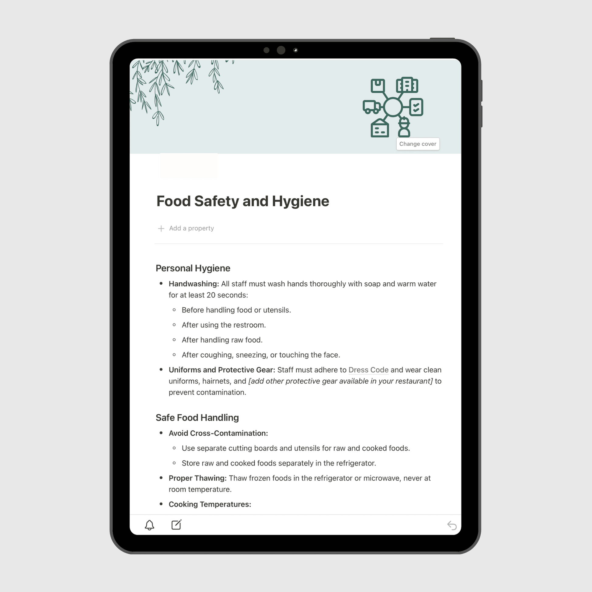 Tablet screen displaying the “Food Safety and Hygiene” section of a Notion Operations Manual template, outlining guidelines for handwashing, protective gear, and safe food handling practices for staff.