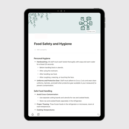 Tablet screen displaying the “Food Safety and Hygiene” section of a Notion Operations Manual template, outlining guidelines for handwashing, protective gear, and safe food handling practices for staff.