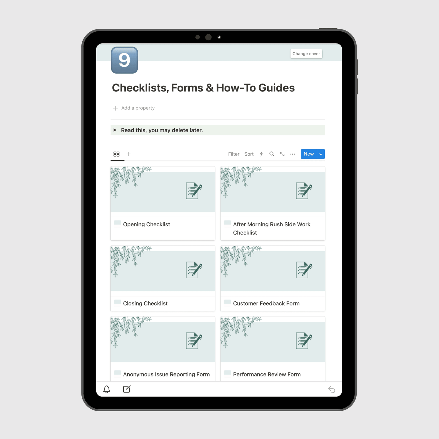 Tablet displaying a Notion template page titled “Checklists, Forms & How-To Guides” for small business operations, featuring editable cards for opening checklist, customer feedback form, and employee performance review checklist.
