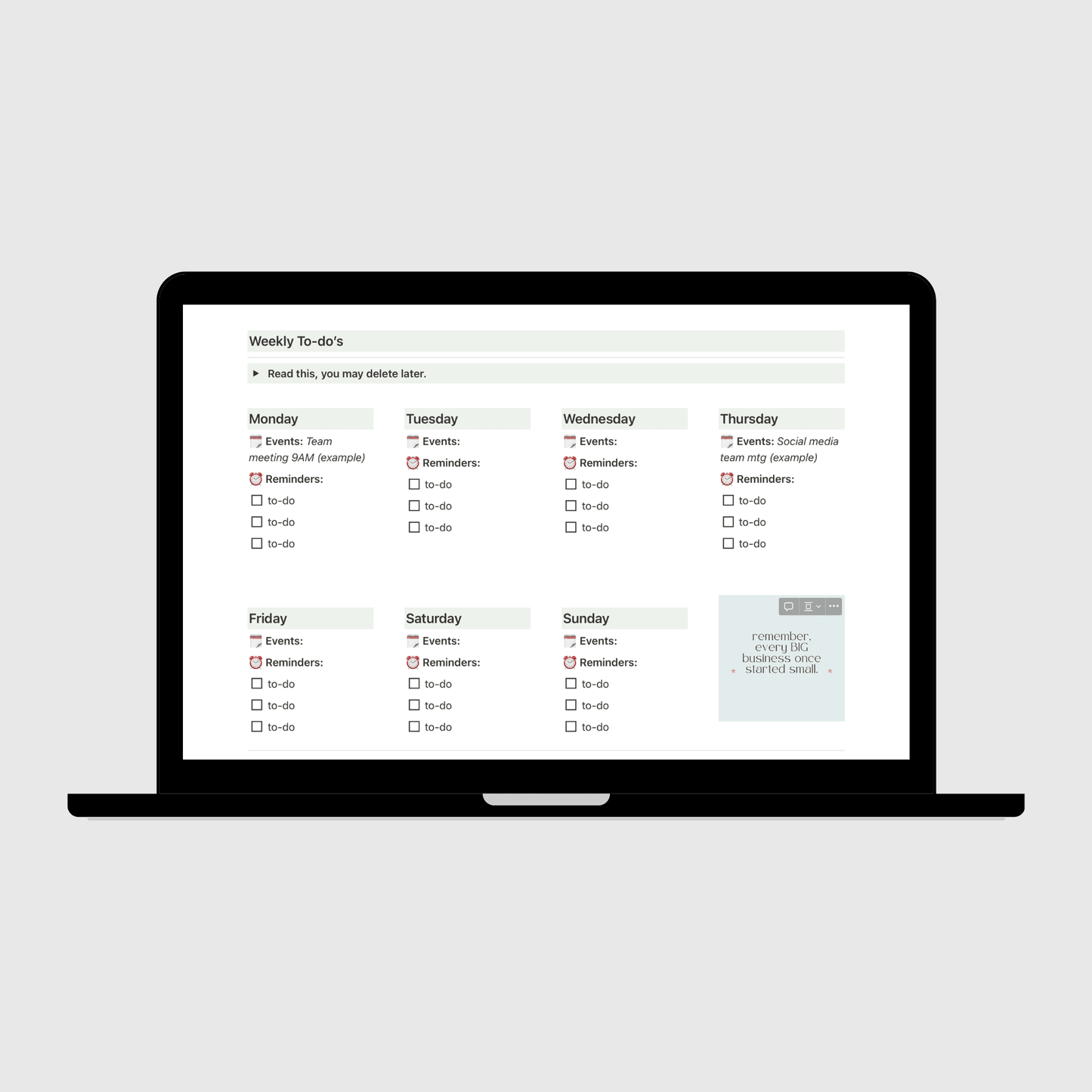 Laptop screen displaying a Notion weekly to-do checklist template from an Operations Manual, showing a seven-day layout with sections for events, reminders, and to-do items from Monday through Sunday.
